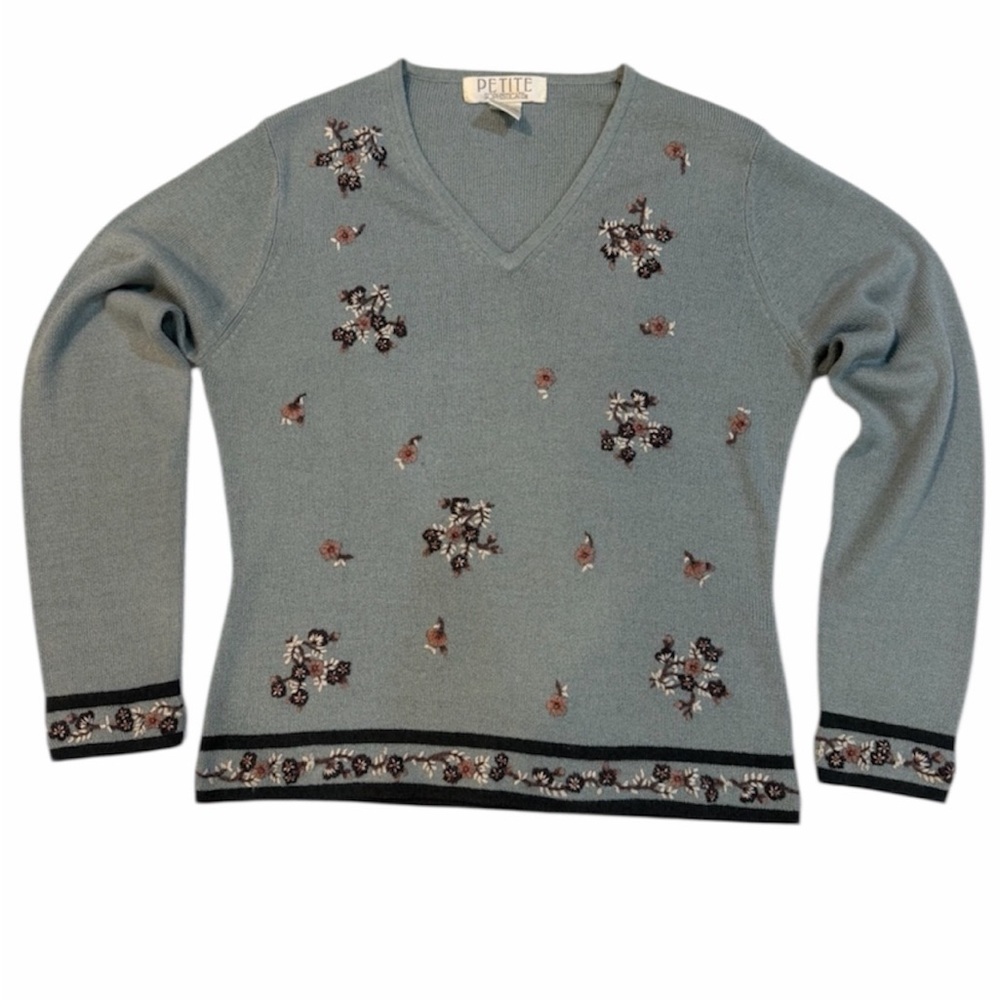 Vintage 90s Petite Sophisticate Embroidered Floral Knit Sweater – Sz S (Petite)